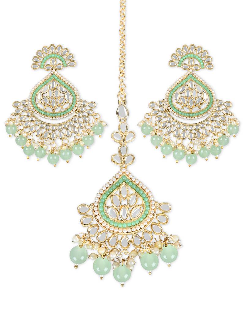 Gold Plated Traditional Kundan & Pearl Chandbali Earrings with Maang Tikka Set for Women/Girls 