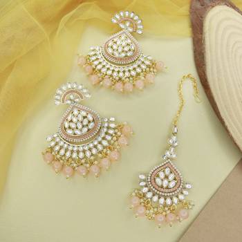Gold Plated Traditional Kundan & Pearl Chandbali Earrings with Maang Tikka Set for Women/Girls  1