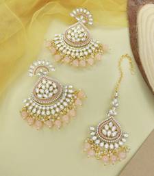 Gold Plated Traditional Kundan & Pearl Chandbali Earrings with Maang Tikka Set for Women/Girls 