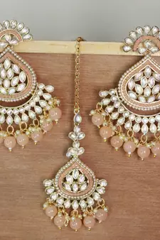 Gold Plated Traditional Kundan & Pearl Chandbali Earrings with Maang Tikka Set for Women/Girls 
