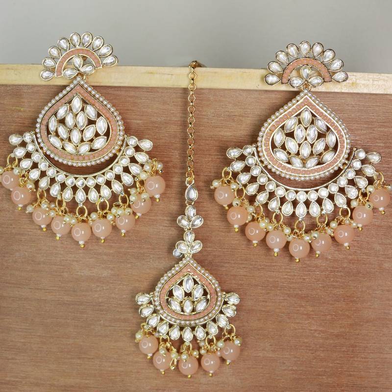 Gold Plated Traditional Kundan & Pearl Chandbali Earrings with Maang Tikka Set for Women/Girls 