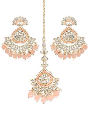 Gold Plated Traditional Kundan & Pearl Chandbali Earrings with Maang Tikka Set for Women/Girls  3