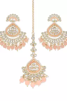 Gold Plated Traditional Kundan & Pearl Chandbali Earrings with Maang Tikka Set for Women/Girls 