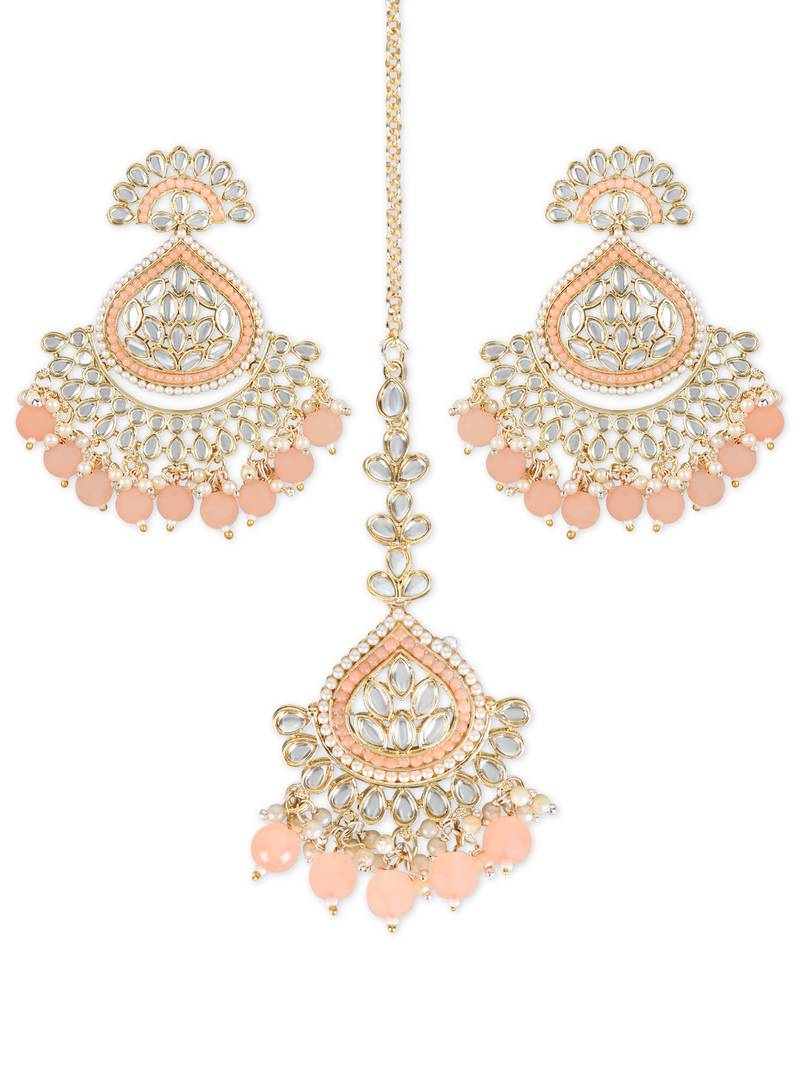 Gold Plated Traditional Kundan & Pearl Chandbali Earrings with Maang Tikka Set for Women/Girls 