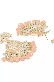 Gold Plated Traditional Kundan & Pearl Chandbali Earrings with Maang Tikka Set for Women/Girls 