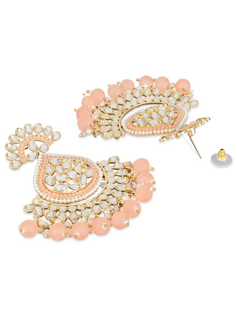 Gold Plated Traditional Kundan & Pearl Chandbali Earrings with Maang Tikka Set for Women/Girls 