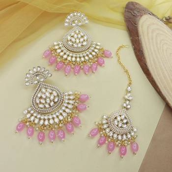 Gold Plated Traditional Kundan & Pearl Chandbali Earrings with Maang Tikka Set for Women/Girls  1