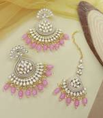 Gold Plated Traditional Kundan & Pearl Chandbali Earrings with Maang Tikka Set for Women/Girls 