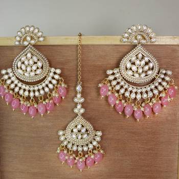 Gold Plated Traditional Kundan & Pearl Chandbali Earrings with Maang Tikka Set for Women/Girls  2