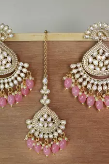 Gold Plated Traditional Kundan & Pearl Chandbali Earrings with Maang Tikka Set for Women/Girls 