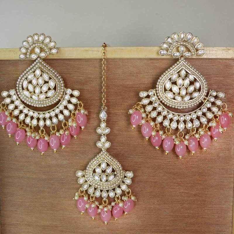 Gold Plated Traditional Kundan & Pearl Chandbali Earrings with Maang Tikka Set for Women/Girls 