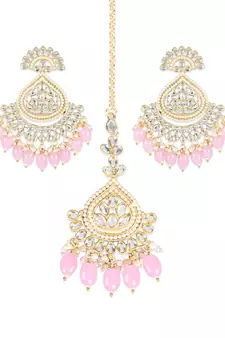 Gold Plated Traditional Kundan & Pearl Chandbali Earrings with Maang Tikka Set for Women/Girls 