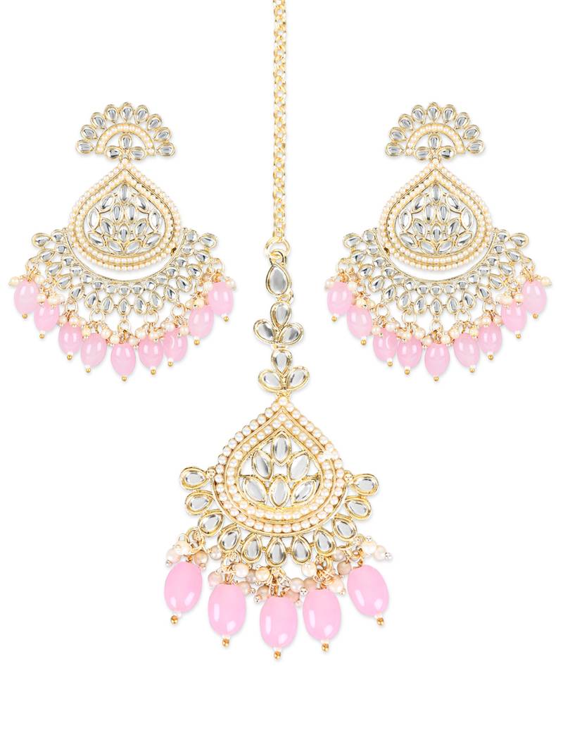Gold Plated Traditional Kundan & Pearl Chandbali Earrings with Maang Tikka Set for Women/Girls 
