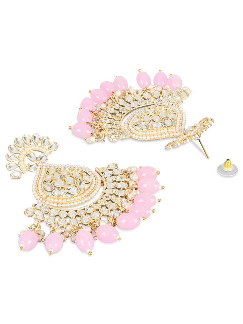 Gold Plated Traditional Kundan & Pearl Chandbali Earrings with Maang Tikka Set for Women/Girls 