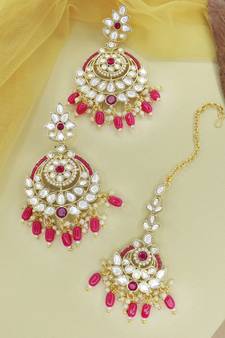 Gold Plated Traditional Kundan & Pearl Chandbali Earrings with Maang Tikka Set for Women/Girls 