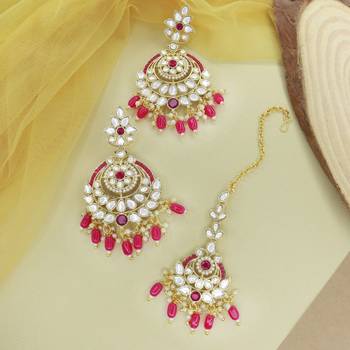 Gold Plated Traditional Kundan & Pearl Chandbali Earrings with Maang Tikka Set for Women/Girls  1