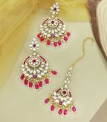 Gold Plated Traditional Kundan & Pearl Chandbali Earrings with Maang Tikka Set for Women/Girls 