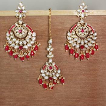 Gold Plated Traditional Kundan & Pearl Chandbali Earrings with Maang Tikka Set for Women/Girls  2
