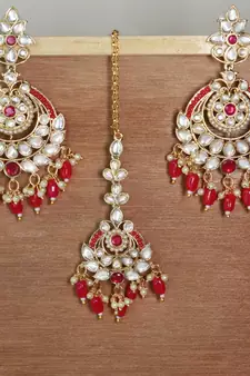 Gold Plated Traditional Kundan & Pearl Chandbali Earrings with Maang Tikka Set for Women/Girls 