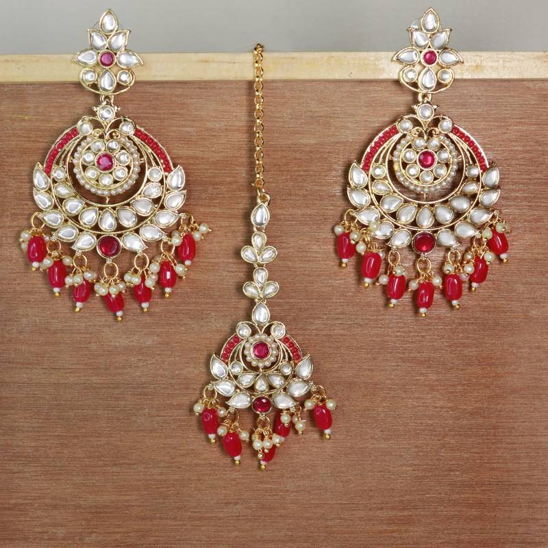 Gold Plated Traditional Kundan & Pearl Chandbali Earrings with Maang Tikka Set for Women/Girls 