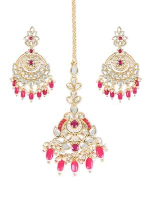 Gold Plated Traditional Kundan & Pearl Chandbali Earrings with Maang Tikka Set for Women/Girls  3