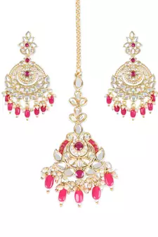 Gold Plated Traditional Kundan & Pearl Chandbali Earrings with Maang Tikka Set for Women/Girls 