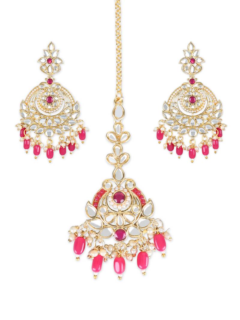 Gold Plated Traditional Kundan & Pearl Chandbali Earrings with Maang Tikka Set for Women/Girls 