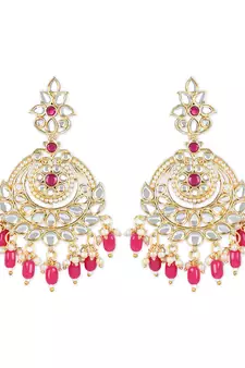 Gold Plated Traditional Kundan & Pearl Chandbali Earrings with Maang Tikka Set for Women/Girls 