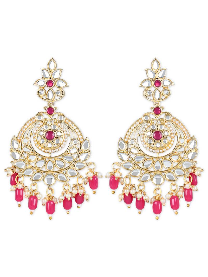 Gold Plated Traditional Kundan & Pearl Chandbali Earrings with Maang Tikka Set for Women/Girls 