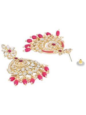 Gold Plated Traditional Kundan & Pearl Chandbali Earrings with Maang Tikka Set for Women/Girls  5