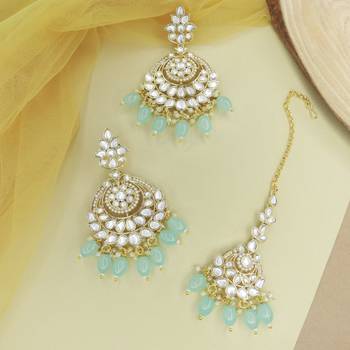 Gold Plated Traditional Kundan & Pearl Chandbali Earrings with Maang Tikka Set for Women/Girls  1