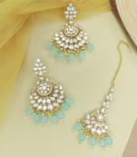 Gold Plated Traditional Kundan & Pearl Chandbali Earrings with Maang Tikka Set for Women/Girls 
