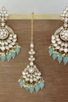 Gold Plated Traditional Kundan & Pearl Chandbali Earrings with Maang Tikka Set for Women/Girls 