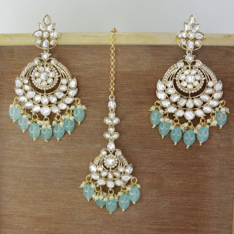Gold Plated Traditional Kundan & Pearl Chandbali Earrings with Maang Tikka Set for Women/Girls 