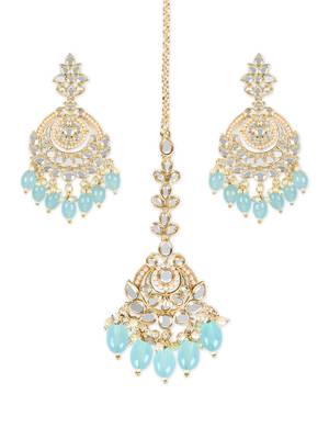 Gold Plated Traditional Kundan & Pearl Chandbali Earrings with Maang Tikka Set for Women/Girls  3