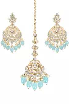 Gold Plated Traditional Kundan & Pearl Chandbali Earrings with Maang Tikka Set for Women/Girls 