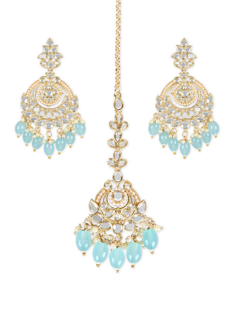 Gold Plated Traditional Kundan & Pearl Chandbali Earrings with Maang Tikka Set for Women/Girls 