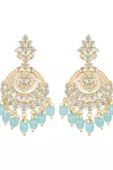 Gold Plated Traditional Kundan & Pearl Chandbali Earrings with Maang Tikka Set for Women/Girls 
