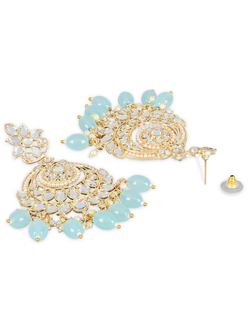 Gold Plated Traditional Kundan & Pearl Chandbali Earrings with Maang Tikka Set for Women/Girls 