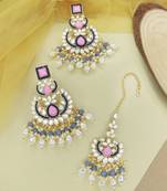 Gold Plated Traditional Kundan & Pearl Chandbali Earrings with Maang Tikka Set for Women/Girls 