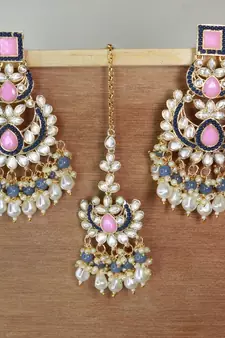 Gold Plated Traditional Kundan & Pearl Chandbali Earrings with Maang Tikka Set for Women/Girls 