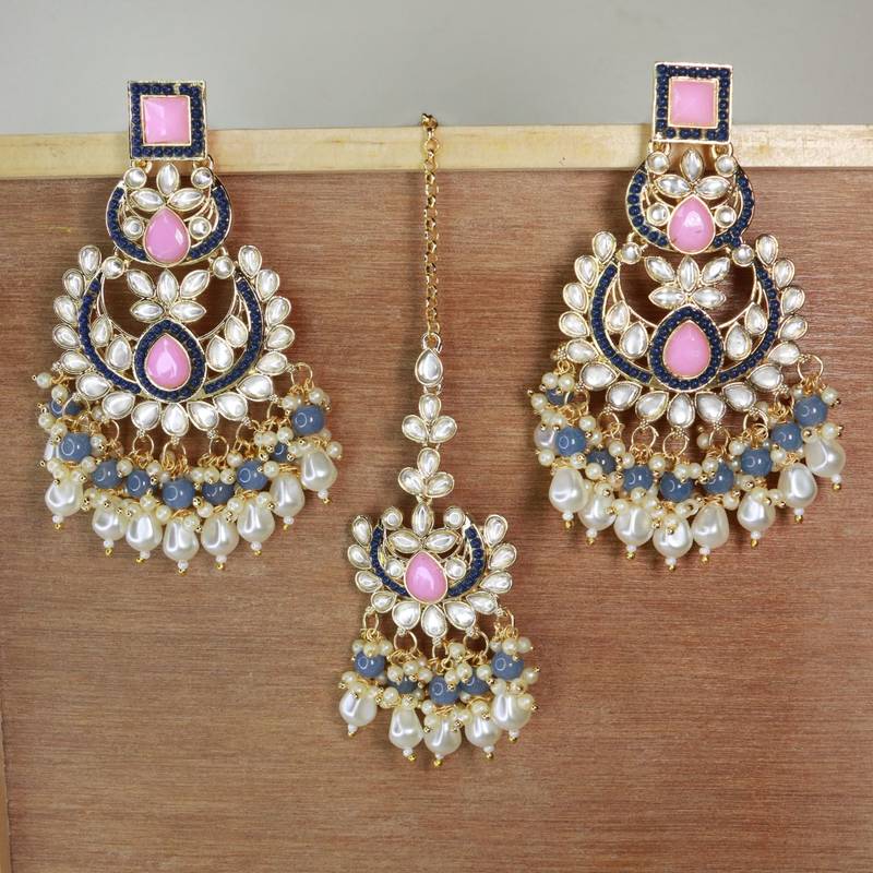 Gold Plated Traditional Kundan & Pearl Chandbali Earrings with Maang Tikka Set for Women/Girls 