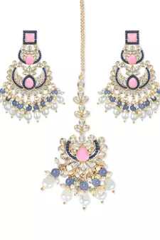 Gold Plated Traditional Kundan & Pearl Chandbali Earrings with Maang Tikka Set for Women/Girls 