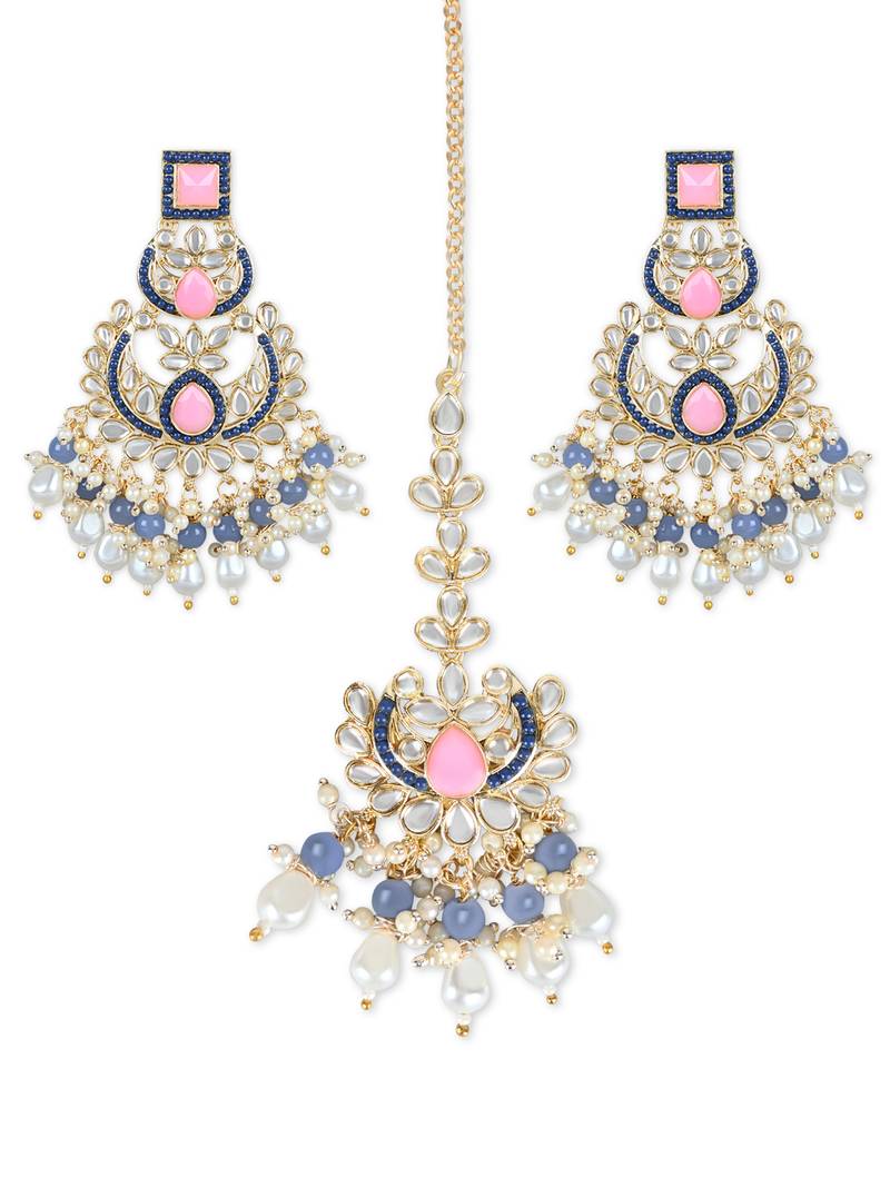 Gold Plated Traditional Kundan & Pearl Chandbali Earrings with Maang Tikka Set for Women/Girls 