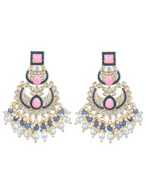 Gold Plated Traditional Kundan & Pearl Chandbali Earrings with Maang Tikka Set for Women/Girls  4