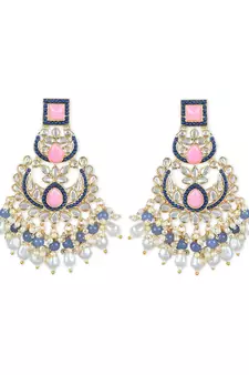 Gold Plated Traditional Kundan & Pearl Chandbali Earrings with Maang Tikka Set for Women/Girls 