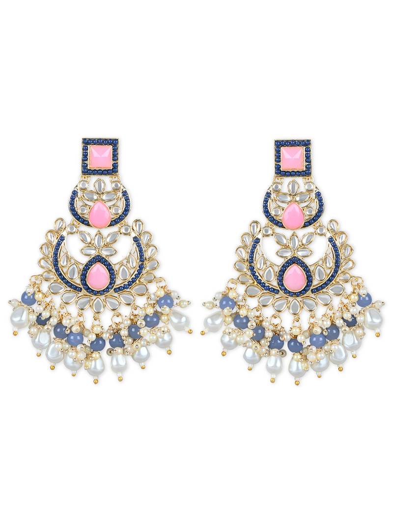 Gold Plated Traditional Kundan & Pearl Chandbali Earrings with Maang Tikka Set for Women/Girls 