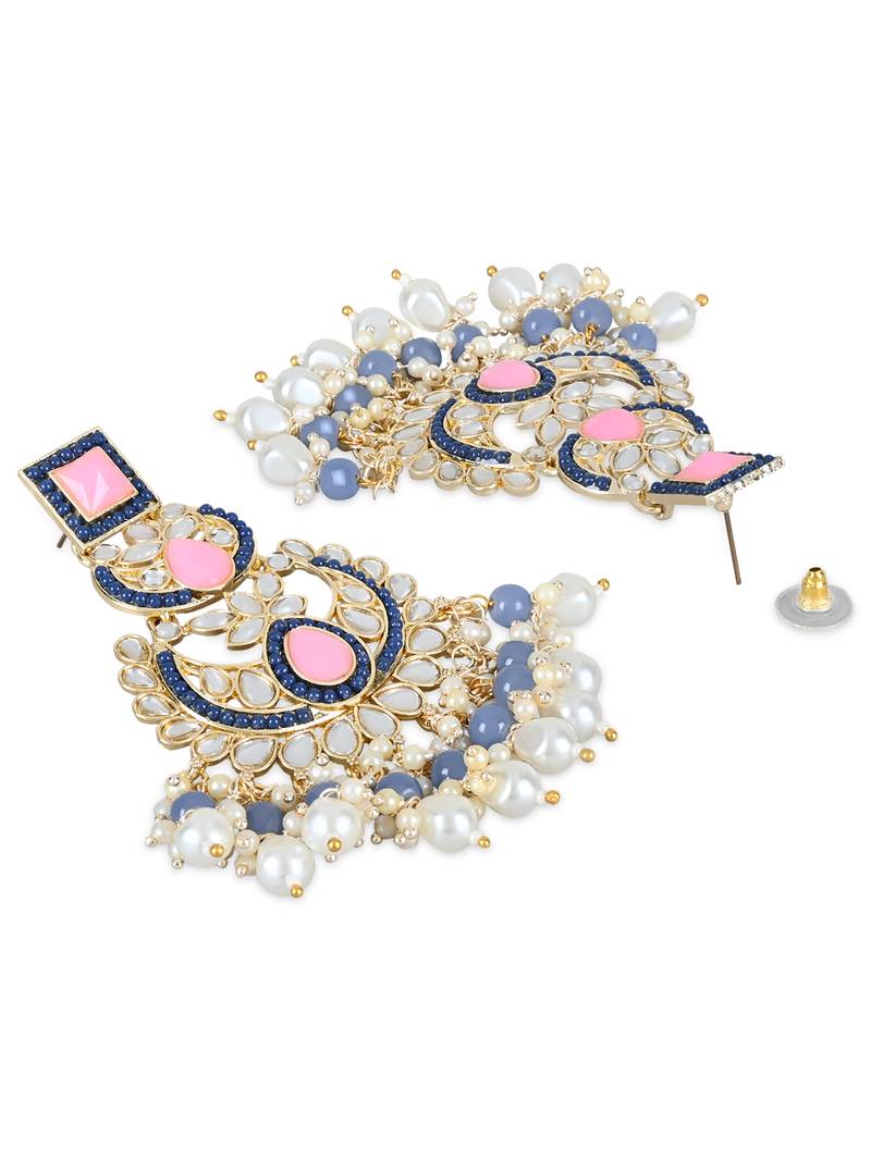 Gold Plated Traditional Kundan & Pearl Chandbali Earrings with Maang Tikka Set for Women/Girls 