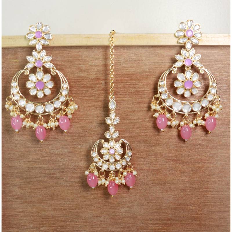 Gold Plated Traditional Kundan & Pearl Chandbali Earrings with Maang Tikka Set for Women/Girls 