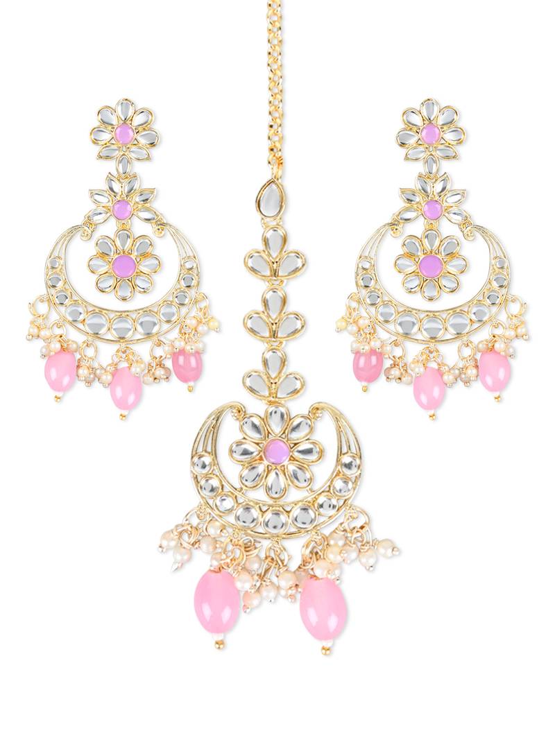 Gold Plated Traditional Kundan & Pearl Chandbali Earrings with Maang Tikka Set for Women/Girls 